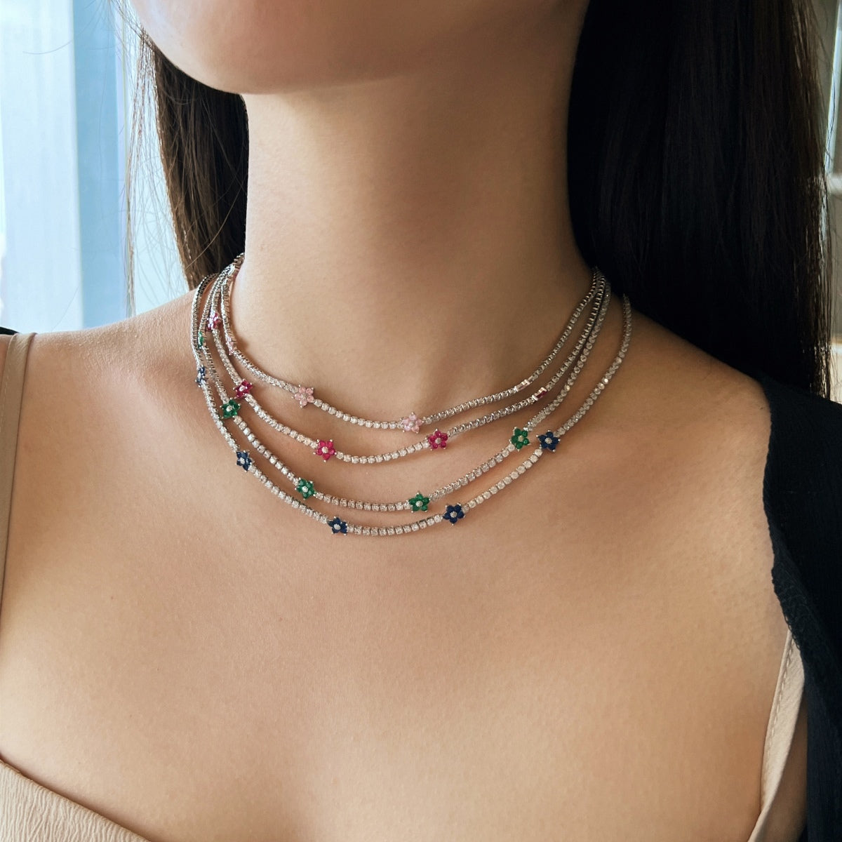 [Regalia Jewelry]Luxurious Colorful Flower Tennis Necklace