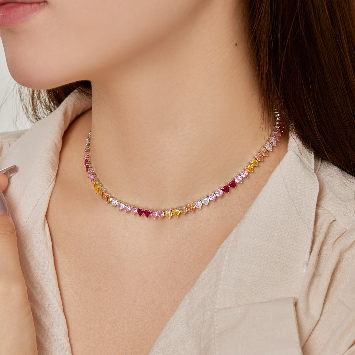 [Regalia Jewelry]Sparkling Colorful Full Heart Tennis Necklace
