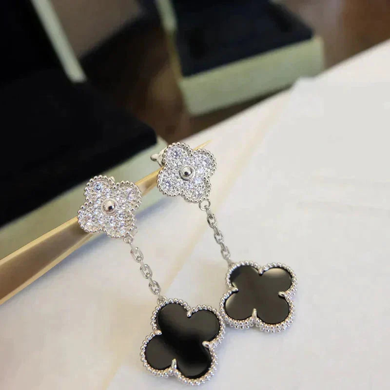 [Regalia Jewelry]CLOVER 2 MOTIFS  DIAMOND ONYX EARRINGS SILVER
