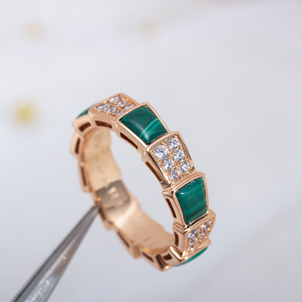 [Regalia Jewelry]SERPENTI RING PINK GOLD MALACHITE DIAMOND PAVED 4MM