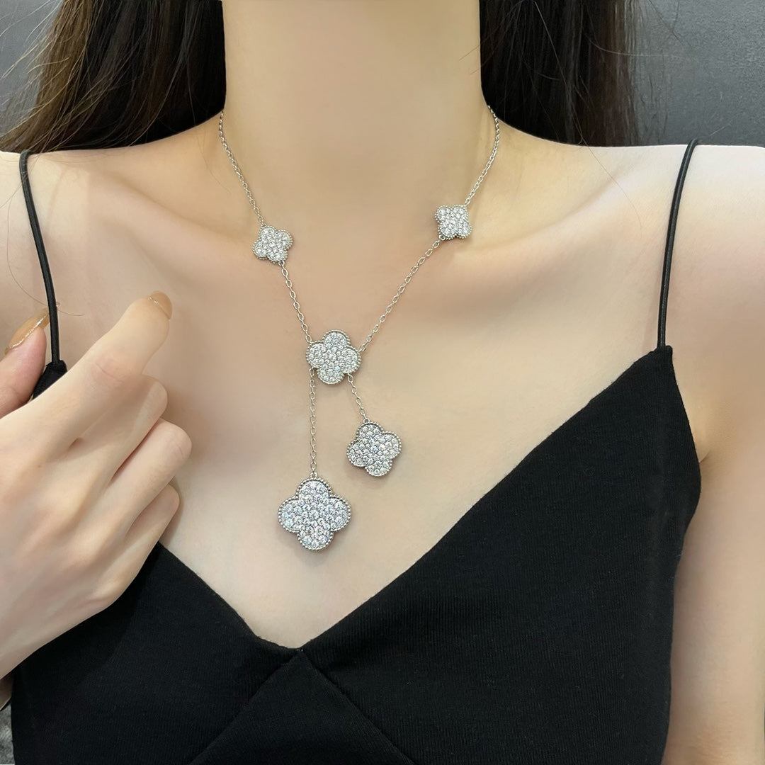 [Regalia Jewelry]CLOVER 5 MOTIFS SILVER DIAMONDS NECKLACE
