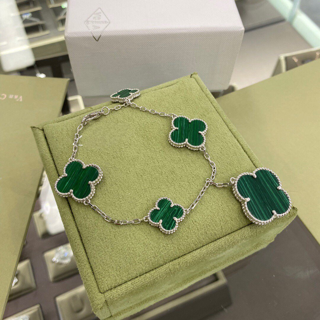 [Regalia Jewelry]CLOVER 5 MOTIFS SIVLER MALACHITE BRACELET