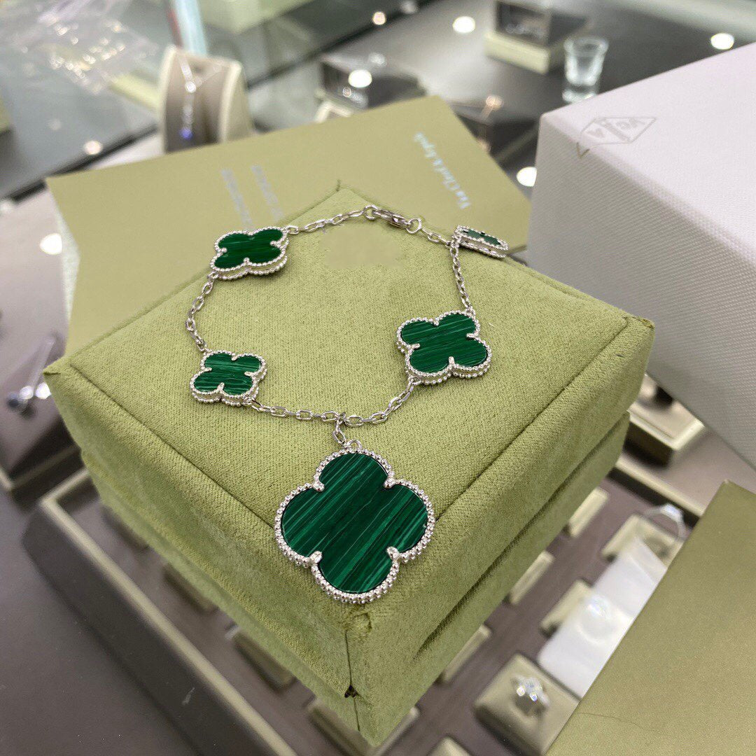 [Regalia Jewelry]CLOVER 5 MOTIFS SIVLER MALACHITE BRACELET