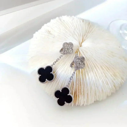 [Regalia Jewelry]CLOVER 2 MOTIFS  DIAMOND ONYX EARRINGS SILVER