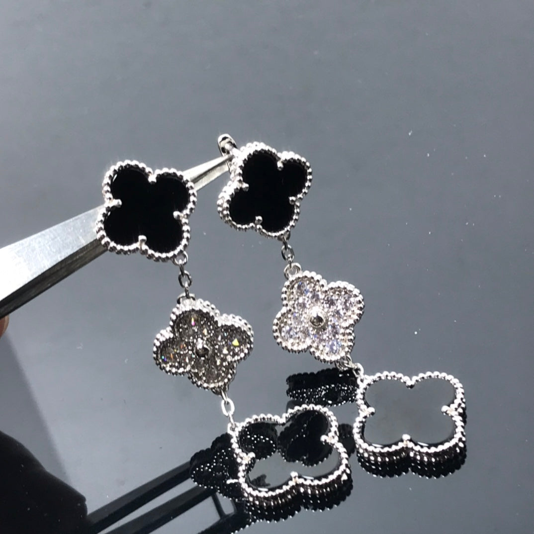 [Regalia Jewelry]CLOVER 3 MOTIF DIAMOND ONYX SILVER EARRINGS
