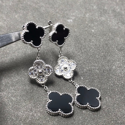 [Regalia Jewelry]CLOVER 3 MOTIF DIAMOND ONYX SILVER EARRINGS