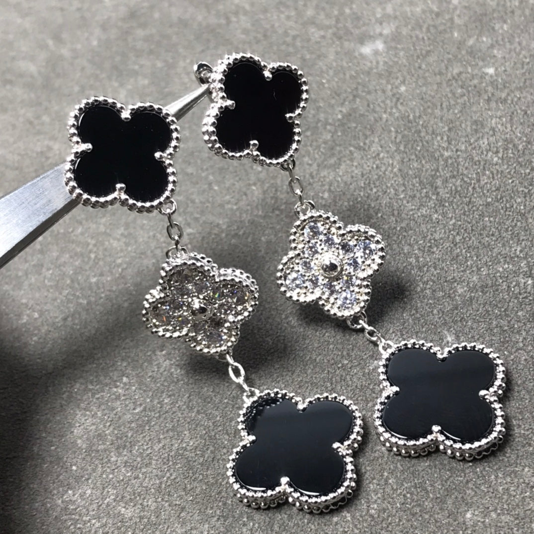 [Regalia Jewelry]CLOVER 3 MOTIF DIAMOND ONYX SILVER EARRINGS