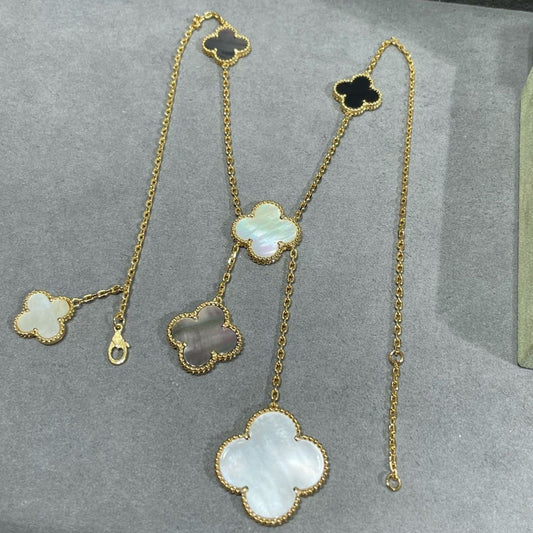 [Regalia Jewelry]CLOVER 6 MOTIF MOP ONYX GOLD NECKLACE