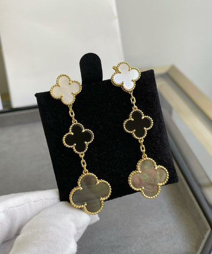 [Regalia Jewelry]CLOVER 3 MOTIF MOP ONYX DARK MOP PINK GOLD EARRINGS