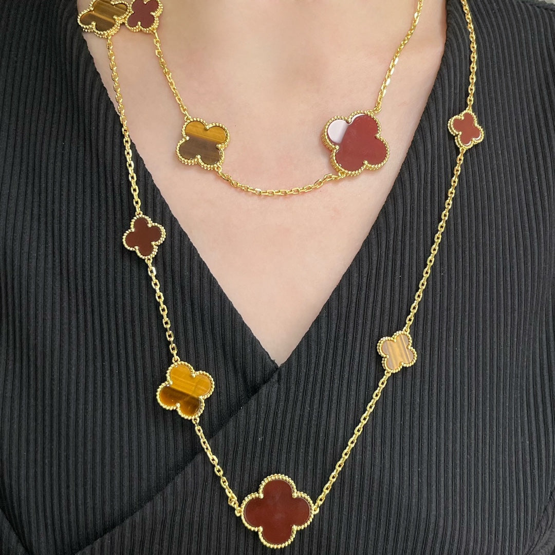 [Regalia Jewelry]CLOVER 16 MOTIF CARNELIAN TIGER EYE ROSE GOLD NECKLACE