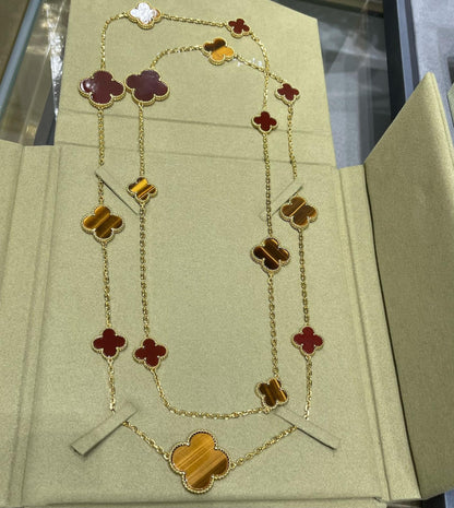 [Regalia Jewelry]CLOVER 16 MOTIF CARNELIAN TIGER EYE ROSE GOLD NECKLACE