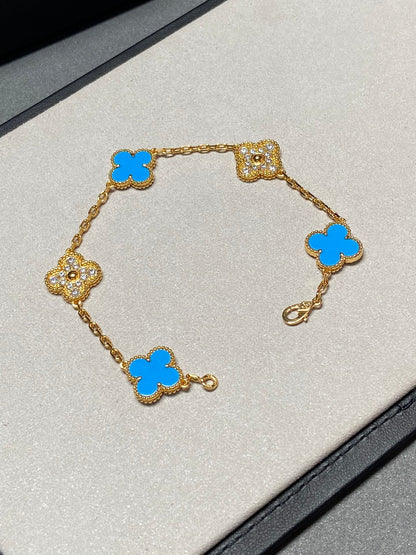 [Regalia Jewelry]CLOVER 5 MOTIF BLUE CHALCEDONY DIAMOND GOLD BRACELET