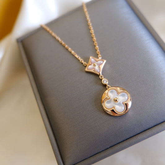 [Regalia Jewelry]STAR AND SUN WHITE MOP 2 MOTIF PINK GOLD NECKLACE