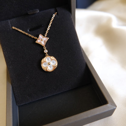 [Regalia Jewelry]STAR AND SUN WHITE MOP 2 MOTIF PINK GOLD NECKLACE