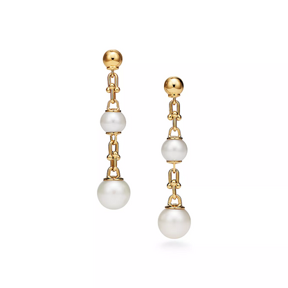 [Regalia Jewels]TRIPLE DROP LINK EARRINGS GOLD WITH FRESHWATER PEARLS