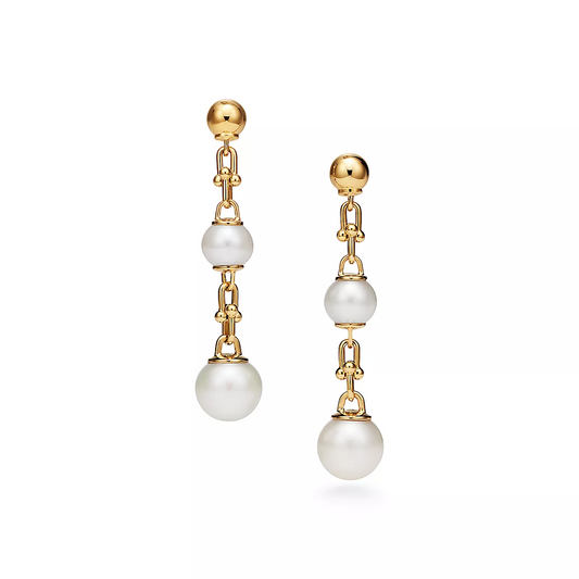 [Regalia Jewels]TRIPLE DROP LINK EARRINGS GOLD WITH FRESHWATER PEARLS
