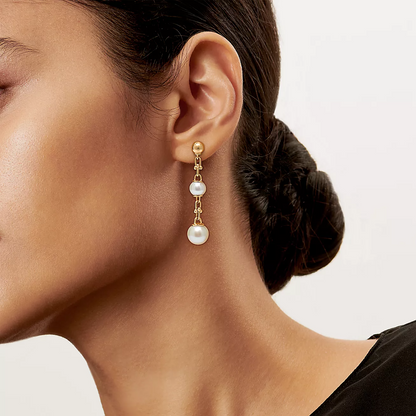 [Regalia Jewels]TRIPLE DROP LINK EARRINGS GOLD WITH FRESHWATER PEARLS