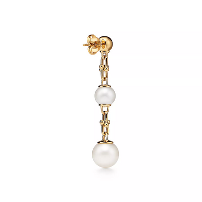 [Regalia Jewels]TRIPLE DROP LINK EARRINGS GOLD WITH FRESHWATER PEARLS