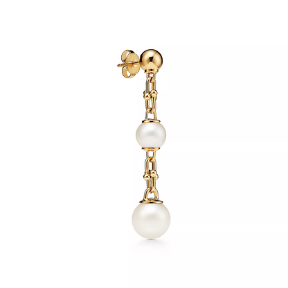 [Regalia Jewels]TRIPLE DROP LINK EARRINGS GOLD WITH FRESHWATER PEARLS