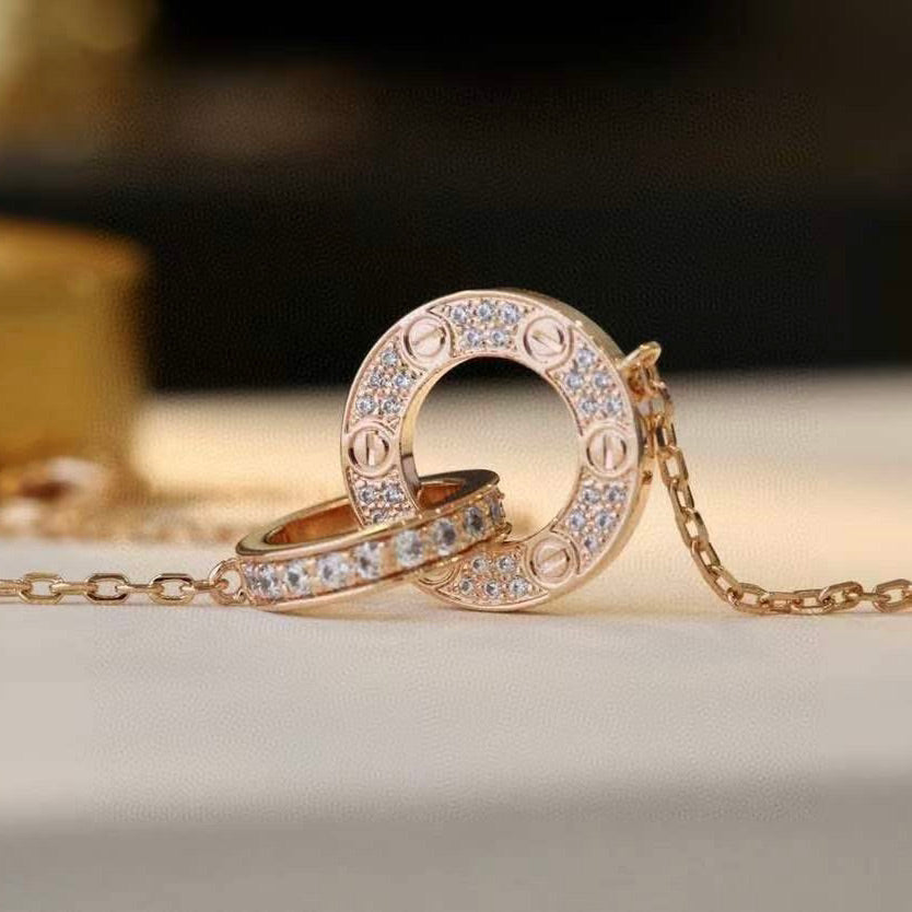 [Regalia Jewelry]LOVE 7.6MM NECKLACE ROSE GOLD AND SILVER  FULL DIAMOND