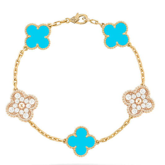 [Regalia Jewelry]CLOVER 5 MOTIF TURQUOISE DIAMOND GOLD BRACELET