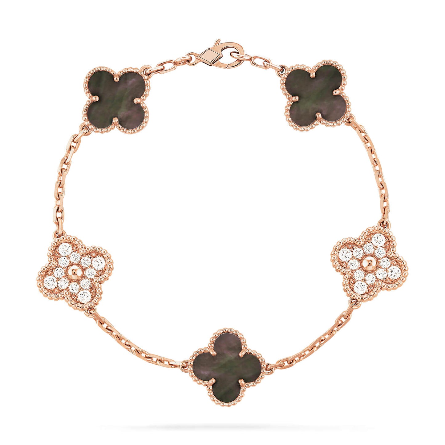 [Lumi Jewelry]CLOVER 5 MOTIFS DARK MOP AND DIAMONDS PINK GOLD BRACELET