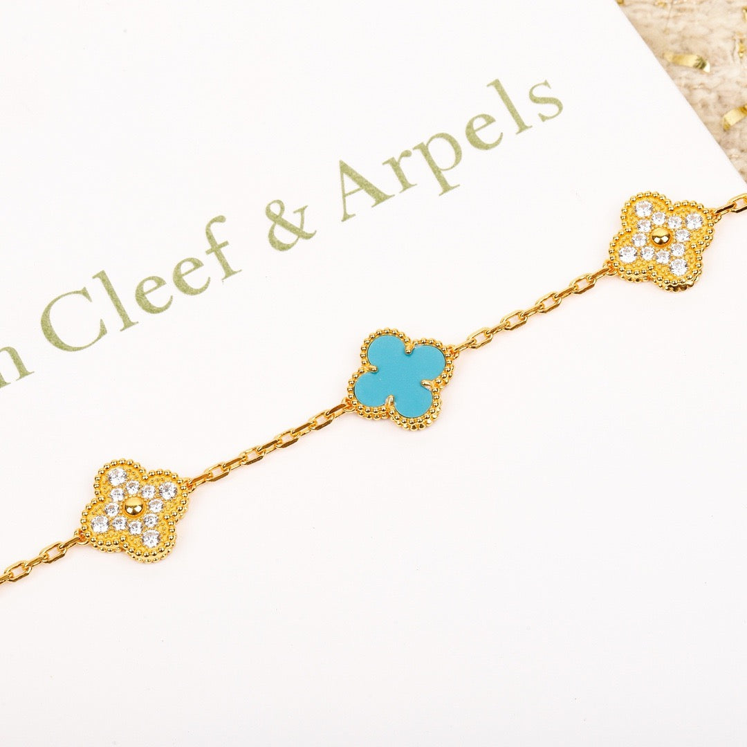 [Regalia Jewelry]CLOVER 5 MOTIF TURQUOISE DIAMOND GOLD BRACELET