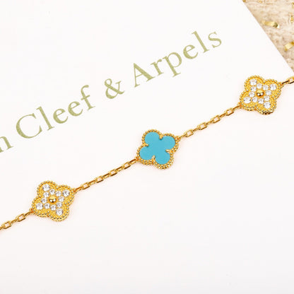 [Regalia Jewelry]CLOVER 5 MOTIF TURQUOISE DIAMOND GOLD BRACELET