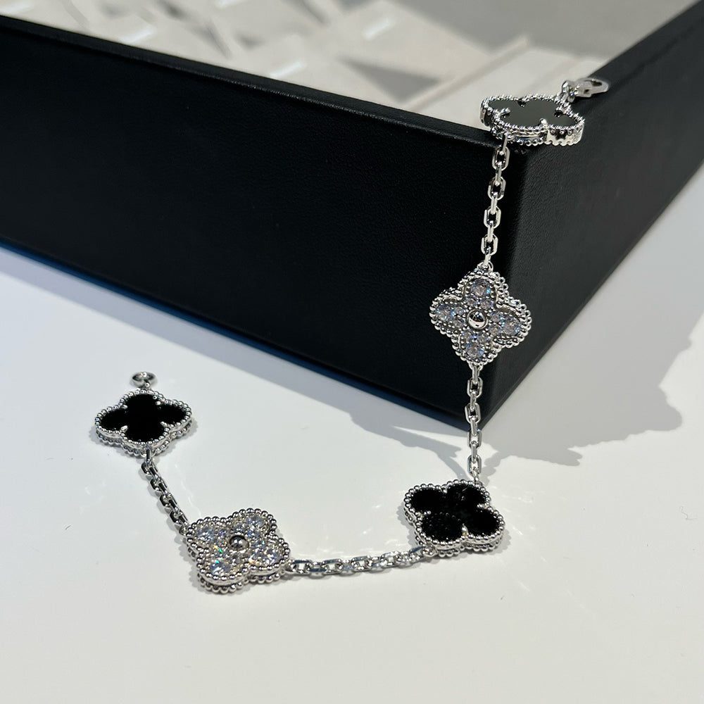[Regalia Jewelry]CLOVER 5 MOTIF ONYXS DIAMOND BRACELET SILVER