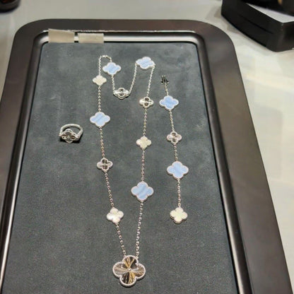 [Regalia Jewelry]DETACHABLE CLOVER 15(11+4) FLOWER SILVER NECKLACE SET