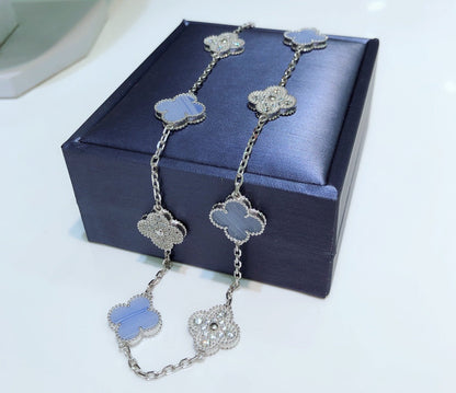[Regalia Jewelry]CLOVERS THE 10-MOTIFS CHALCEDONY DIAMONDS SILVER NECKLACE