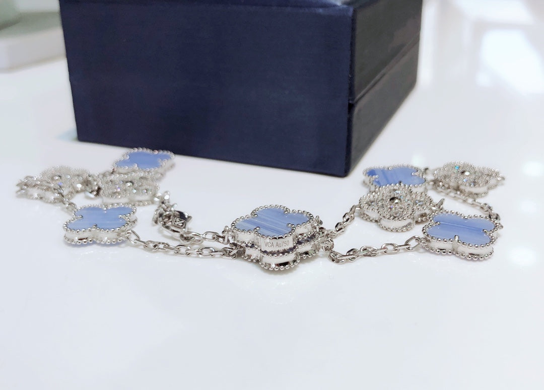 [Regalia Jewelry]CLOVERS THE 10-MOTIFS CHALCEDONY DIAMONDS SILVER NECKLACE