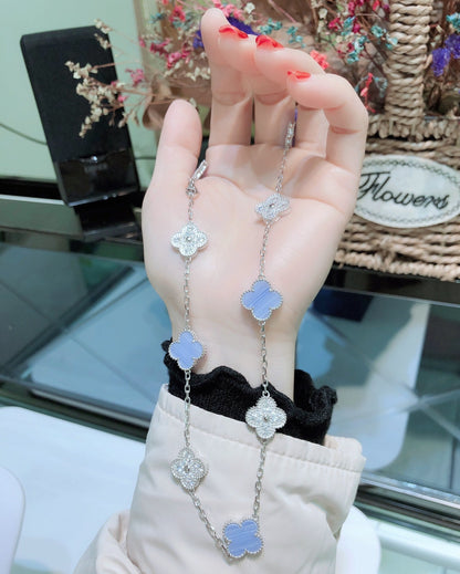 [Regalia Jewelry]CLOVER 10 MOTIFS CHALCEDONY DIAMONDS SILVER NECKLACE